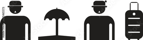 Black and white flat vector silhouette icons of male travelers wearing hats with summer beach umbrella and luggage suitcase for vacation travel design.