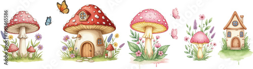 Vibrant Easter eggs and red amanita mushrooms nestle in the forest grass as a magical autumn decoration, blending nature's poisonous fungi with colorful spring flowers in a cartoon vector