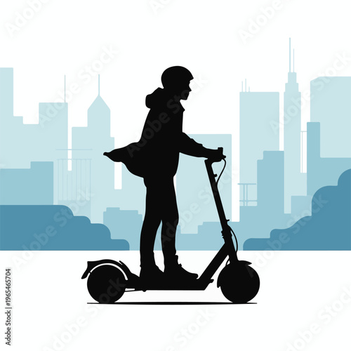 Urban commuter on electric kick scooter with city skyline silhouette