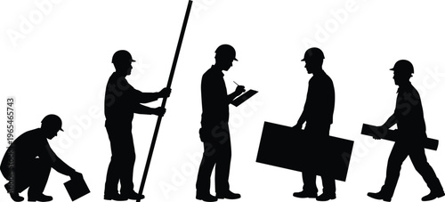 Construction worker silhouettes measuring writing carrying materials building site labor men vector illustration isolated professional activity set collection