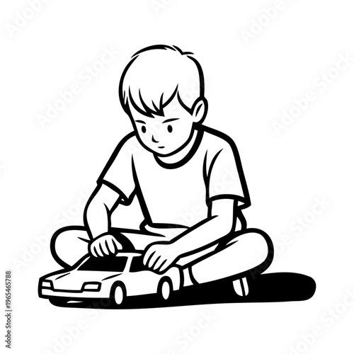 Dibujo sencillo con líneas de un niño jugando con un coche de juguete