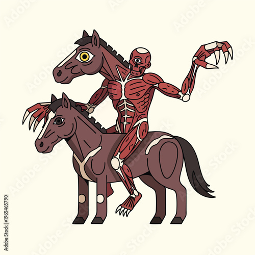 An illustration presents a two-headed brown equine figure being ridden by a humanoid with exposed muscles. Claws and anatomical detail are notable