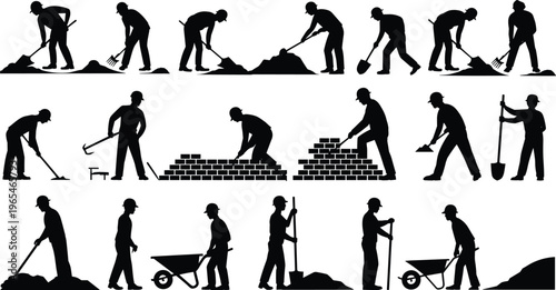 Construction worker silhouettes set digging raking bricklaying wheelbarrow builder men vector illustration isolated professional labor activity collection