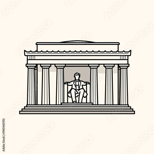 Black-line drawing of a seated figure within a classical structure, reminiscent of a memorial, on a light-colored background