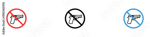 No guns allowed prohibition sign set. Weapon restriction area and firearms forbidden safety symbol. Vector Illustration.
