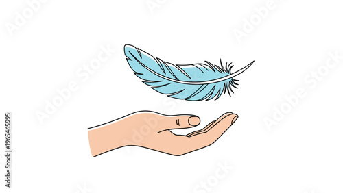 Human hand reaching out toward a soft blue feather floating gracefully in the air above the palm on a clean white background.