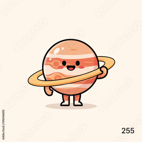 Adorable cartoon representation of a celestial body with rings, featuring rosy cheeks and a happy face, standing on two short legs