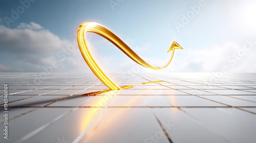 Golden glowing 3D arrow rebounding from a modern grid surface towards a bright sky symbolizing financial recovery business growth economic success and positive market trends