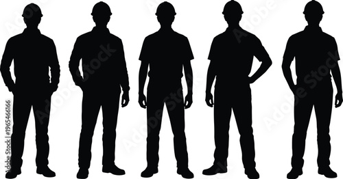 Construction worker silhouettes standing group with helmet builder men vector illustration isolated professional labor characters set collection poses