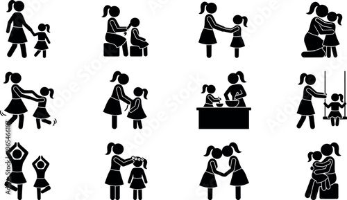  Mother and Daughter Daily Life Pictogram Icon Set Showing Nurturing Activities Bonding and Shared Moments for Parenting Use