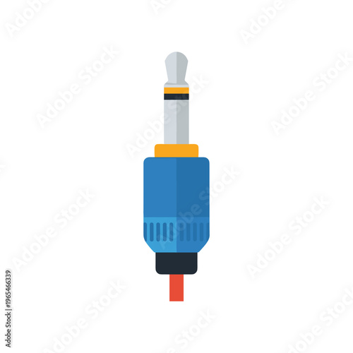 Close-up flat design illustration of a blue audio jack connector with silver tip and orange accents, white background