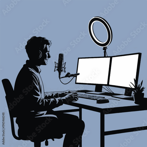 Content Creator Silhouette with Dual Monitors Ring Light and Microphone