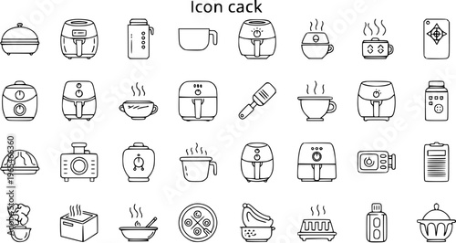 Kitchen Appliance Icons: Air Fryers, Cookers, Cups, and Food Preparation Tools