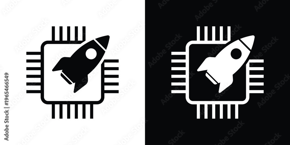 Fotografie CPU chip icon with a rocket symbol, representing high-speed processing, performance boost, and fast computing