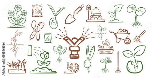 Hand Drawing Editable line art Seedling growth Outline vector illustration Design Collection, Line art icon set of  Seedling growth elements 