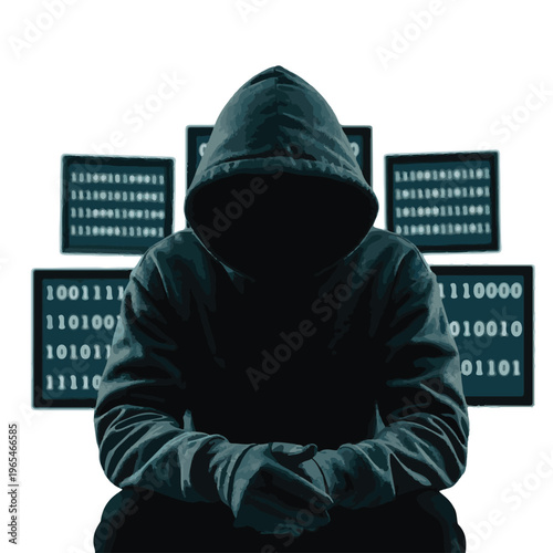 Hacker in Hoodie with Binary Code Screens Cyber Security Concept
