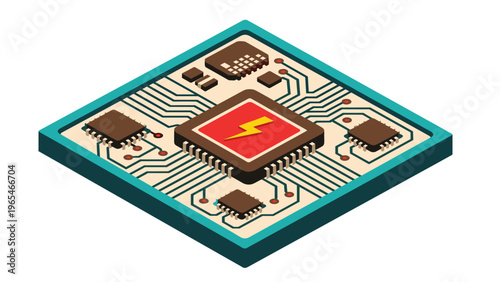 Isometric circuit board featuring a central microchip with a yellow lightning bolt symbol represents powerful computing and energy.
