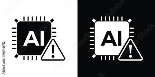 AI processor icon featuring a warning triangle. Symbolizes artificial intelligence ethics, AI errors, system security alerts, and potential risks in machine learning algorithms.