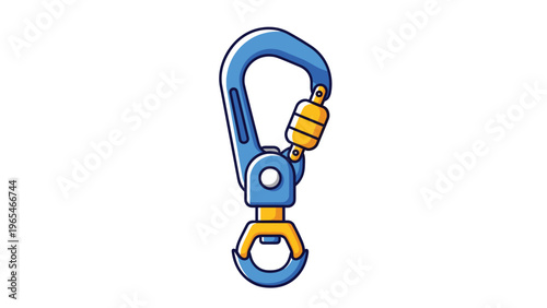 Blue and yellow climbing carabiner with a screw lock mechanism illustrated in a clean and colorful graphic style for outdoor sports.