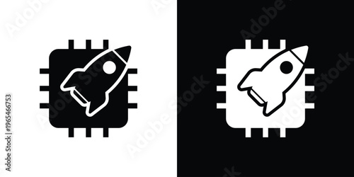CPU chip icon with a rocket symbol, representing high-speed processing, performance boost, and fast computing. Concept of overclocking, system optimization, and advanced microprocessor tech.
