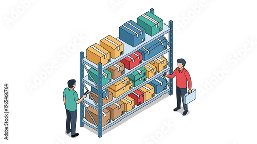 Isometric warehouse scene showing people managing colorful boxes on tall storage shelves illustrates logistics and shipping.