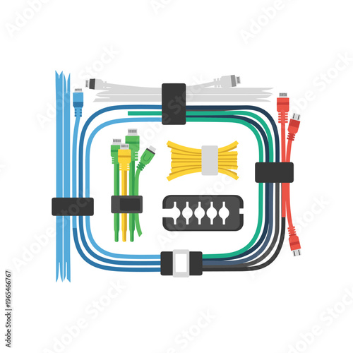 Network cable assembly with ethernet connectors and patch panel, flat design vector illustration