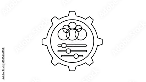 Simple line art of a settings gear icon containing abstract circles and adjustment sliders represents system control and tuning.