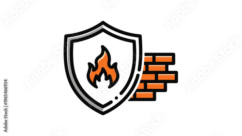 Digital firewall and security shield icon with flame representing internet safety and protection against cyber threats and unauthorized access.