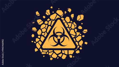 Biohazard warning sign surrounded by shattered fragments representing biological threat levels and containment of hazardous materials.