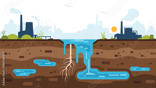 Environmental pollution diagram showing factory waste contaminating groundwater and soil near a river for sustainability awareness and ecology.