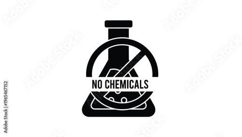 No chemicals warning icon with a lab flask and a prohibition sign for organic products and natural healthy living standards.