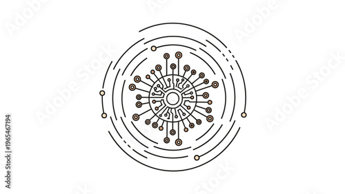 Circular network diagram with nodes and connecting lines representing complex systems data distribution or microscopic biological structures.