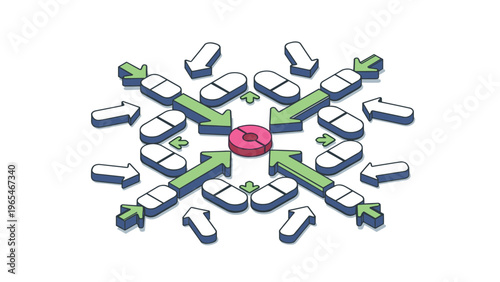 Pharmaceutical supply chain diagram with multiple white pills converging towards a central red pill representing medicine production and distribution.