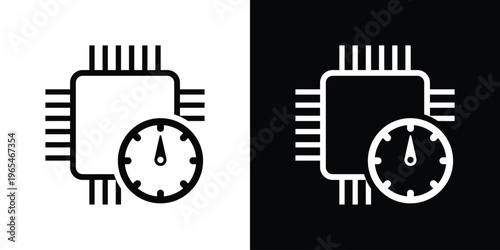Outline vector icon of a microprocessor with a speedometer. Represents system monitoring, CPU clock speed, and performance tracking. Clean line art for technical diagrams and dashboard UI.