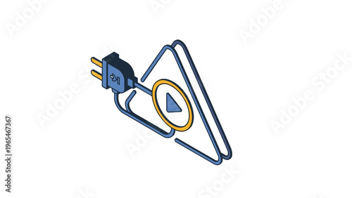 Electric power activation icon with a plug and play button inside a triangle representing technology startup and energy connection services.