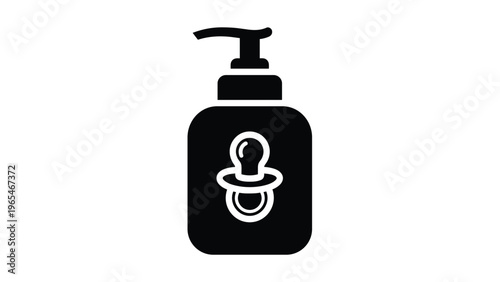 Baby care liquid soap dispenser icon with a pacifier symbol for gentle hygiene products designed for infants and toddlers.