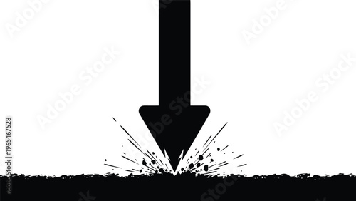 Downward arrow impact silhouette representing crash landing and market decrease or physical collision forces in conceptual graphic design.