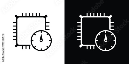 Outline vector icon of a microprocessor with a speedometer. Represents system monitoring, CPU clock speed, and performance tracking. Clean line art for technical diagrams and dashboard UI.