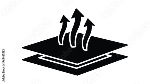 Heat evaporation process icon with rising wavy arrows for thermal insulation and climate control studies in building and science.