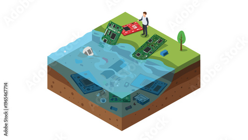 Isometric illustration depicting environmental issues where electronic waste is dumped into a body of water near a figure on land.