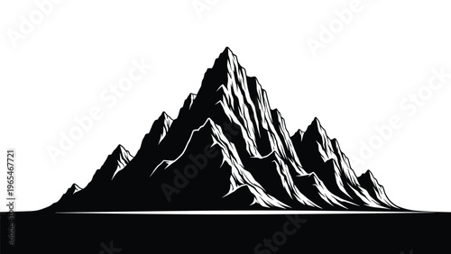 High contrast black and white mountain silhouette showing sharp jagged peaks and deep shadows against a plain white background.