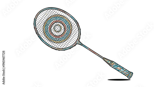 Detailed sketch of a professional badminton racket with colorful concentric circles on the strings symbolizing energy or a target.