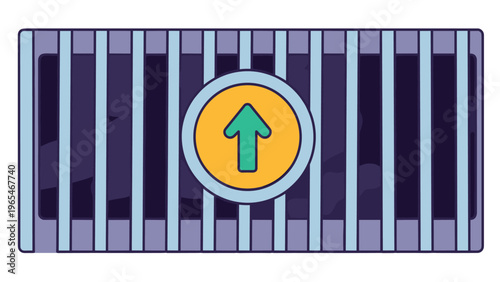 Cartoon style metallic sewer grate featuring an orange circular caution sign with a bright green arrow pointing towards the top.