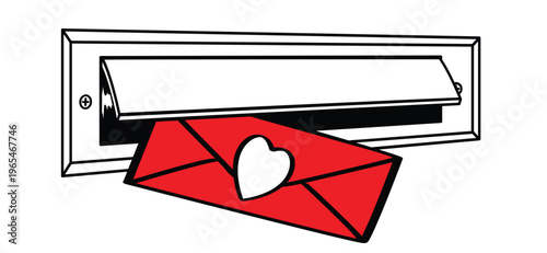 Post for 14 february, valentine, valentines day. Love and heart icon. Cartoon door letterbox for front door with draft brush. Open letterbox or mailbox for house door. Postbox or Black mailboxes.