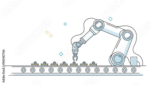 Industrial robotic arm line art showing an automated manufacturing process on a conveyor belt with various mechanical components.