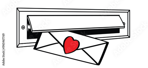Post for 14 february, valentine, valentines day. Love and heart icon. Cartoon door letterbox for front door with draft brush. Open letterbox or mailbox for house door. Postbox or Black mailboxes.