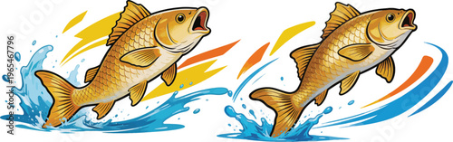 Two brown trout jumping out of water with splashes