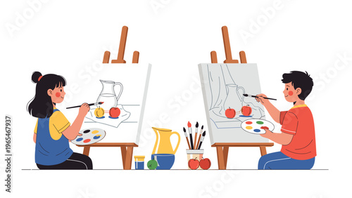 Artistic scene of two young children focused on painting still life subjects on easels with fruit and jars during a creative lesson.