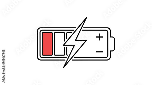 Battery charging icon with a red indicator level and a prominent black lightning bolt symbol in the center on a white background.