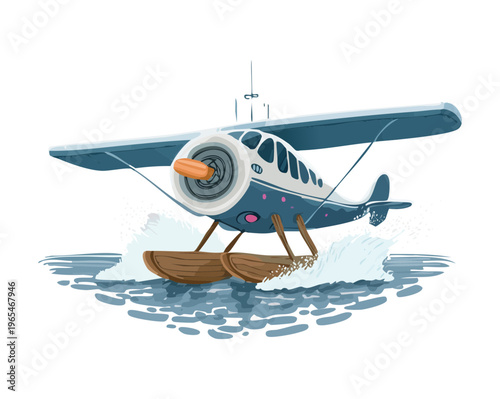 Amphibious seaplane with floats landing on water creating splashes for adventure travel and remote wilderness exploration concepts in bright colors